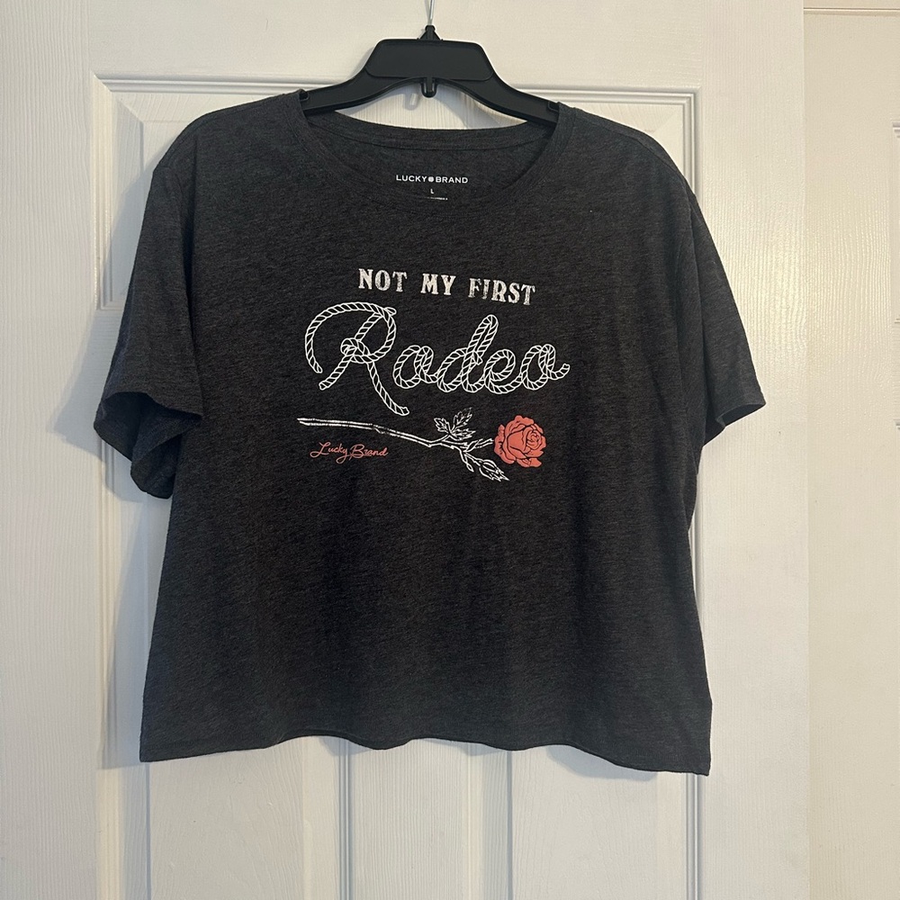 Lucky Brand Cropped Charcoal Graphic Tee with Rose Design